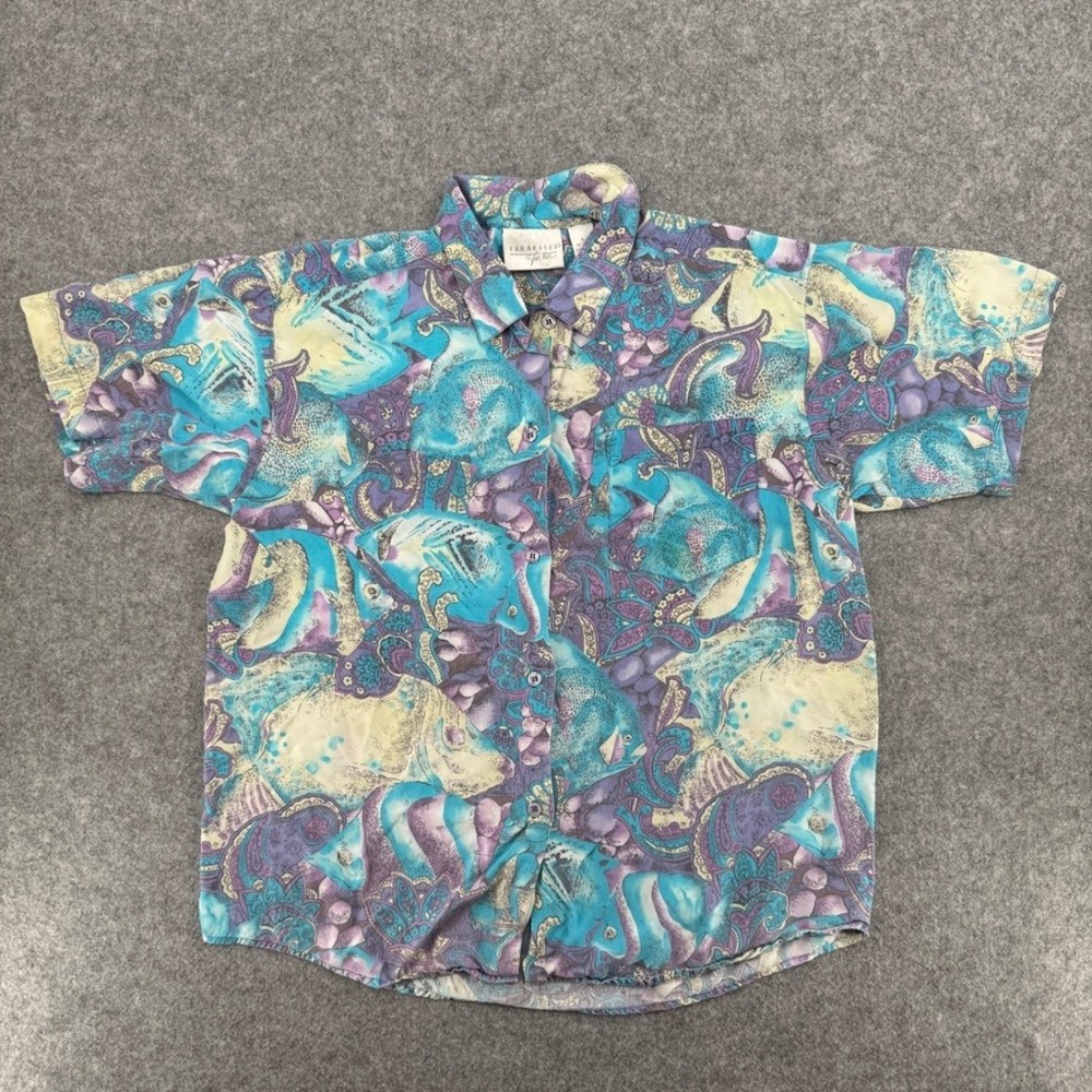 Vintage Van Heusen Shirt For Her Blue Tropical Fish Paisley Button Down